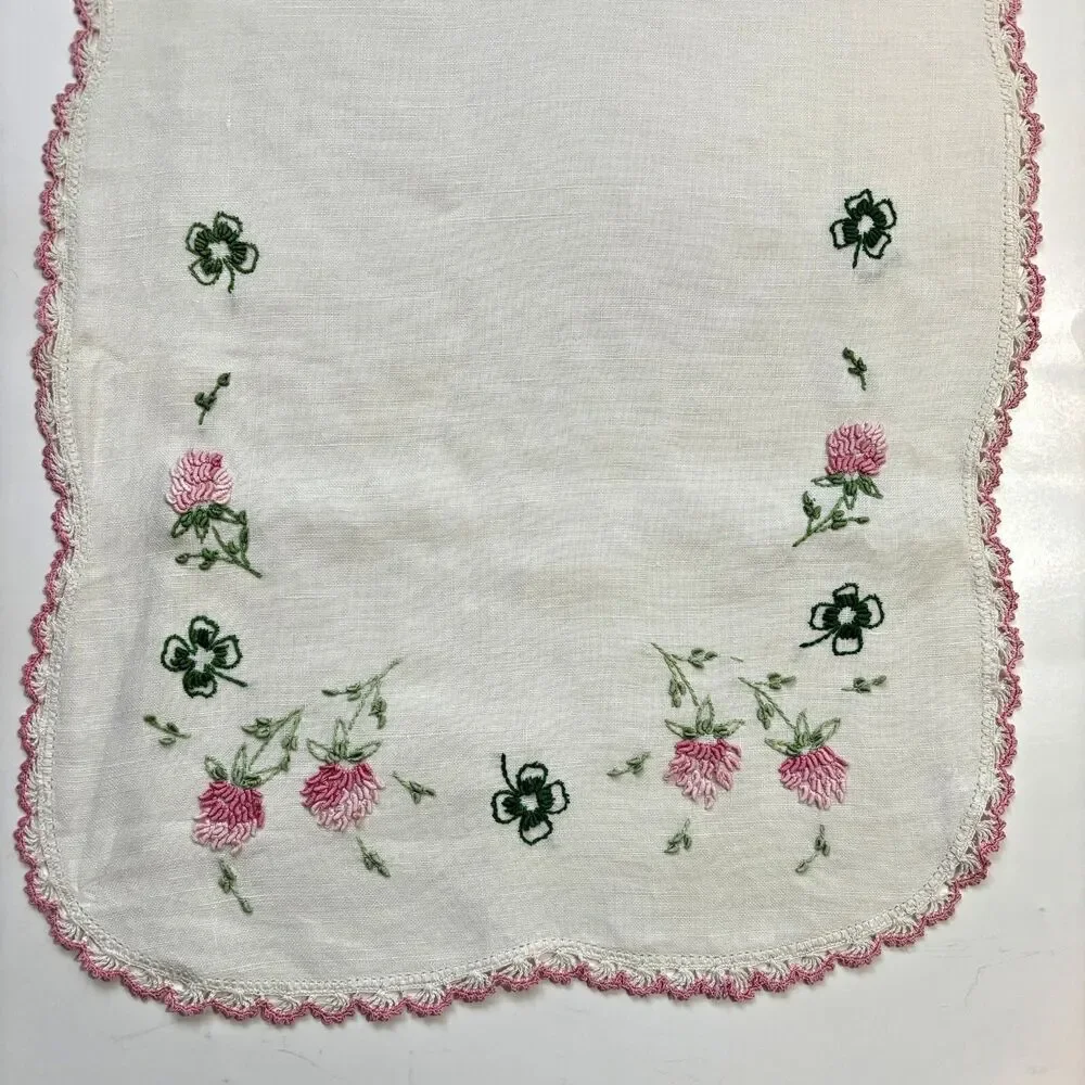 Vintage Linen Embroidered Dresser Scarf Runner Floral Lace Cottageore Heirloom